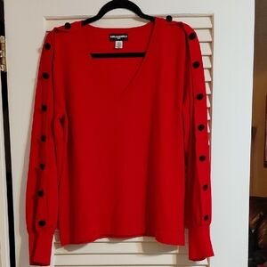 Karl Lagerfeld Paris  Women's Red Large Black Button Sleeve V-Neck Sweater